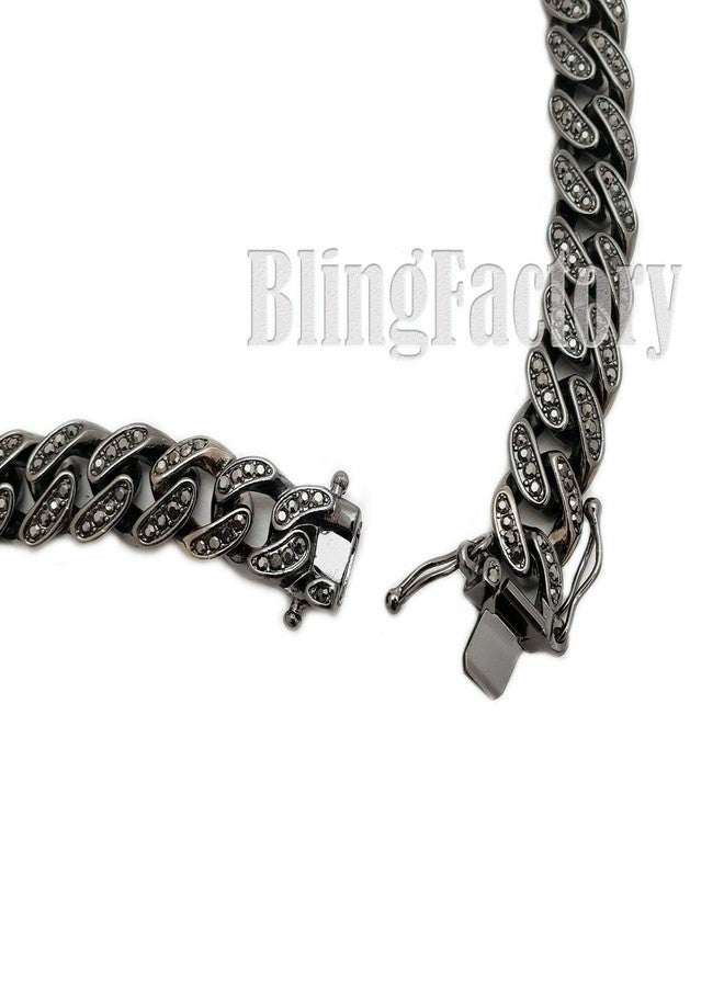 BLINGFACTORY Hip Hop Iced Black Hematite 12mm 8.5" Iced Box Lock Miami Cuban Chain Bracelet - Image 3
